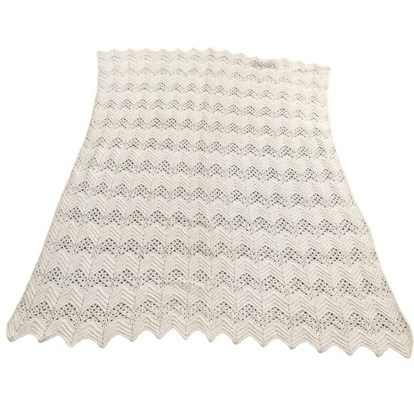 Vintage White Chevron Stripes Afghan Throw, Hand Knitted or Crocheted Zig Zag Pa - Picture 1 of 4